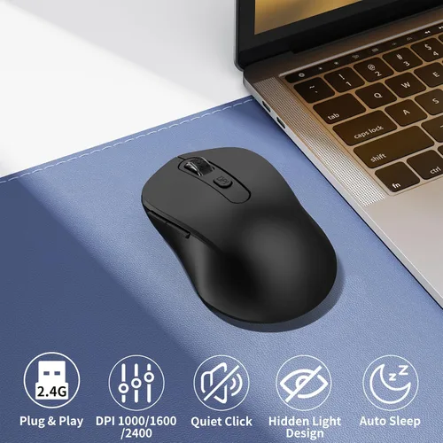 Vista 2 de Mouse inalámbrico para laptop, PC, Chromebook, Mac, MacBook, mouse inalámbrico silencioso con receptor USB nano, botón lateral, 2400 DPI, rodillo
