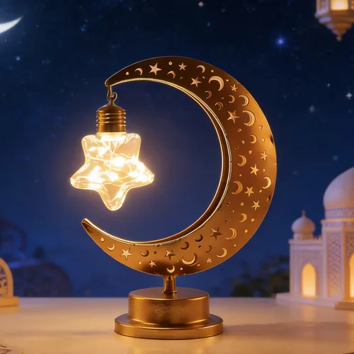 Vista 3 de Decoración de Ramadán, luces de Ramadán de luna y estrella para mesa, decoraciones de Ramadán para el hogar, interior y exterior, lámpara de luna