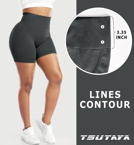 Vista 2 de TSUTAYA Pantalones cortos de entrenamiento para mujer, sin costuras, cintura alta, pantalones cortos de gimnasio para correr, ciclismo, yoga