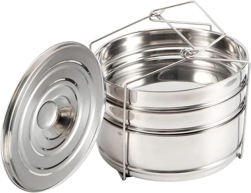 Vista 7 de 3 Tier Stackable Steamer Pot, Stainless Steel Cooker Insert for Pressure Cooker, Perfect for Steaming Rice, Vegetables, Meat and Fish