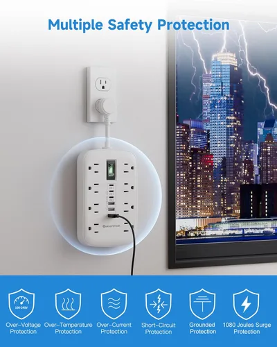 Vista 4 de Cable de extensión corto de 2 pulgadas, regleta pequeña extensor de toma plana protector contra sobretensiones con 8 salidas de CA, 6 USB