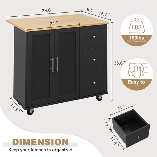 Vista 3 de Shintenchi Isla de cocina con hoja plegable, mesa de isla enrollable con almacenamiento, armario de cocina con ruedas con área de asiento