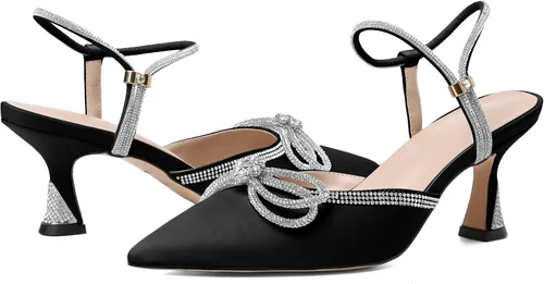 Vista 4 de Joseywade Tacones de lazo con diamantes de imitación para mujer, tacón bajo puntiagudo, correa de tobillo ajustable, zapatos de fiesta nupcial