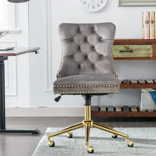 Vista 10 de SSLine Elegante silla de escritorio de terciopelo para niñas y mujeres, silla giratoria copetuda para computadora de oficina con ruedas, moderna