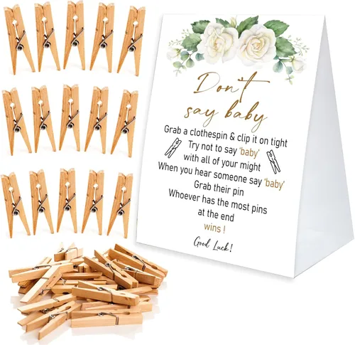 Vista 7 de Juego de pinzas para la ropa de baby shower, un cartel de papel recubierto de 5 x 7 pulgadas y 50 pinzas naturales para la ropa, baby shower
