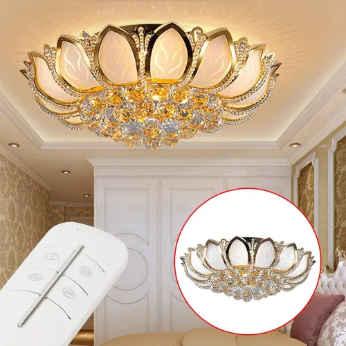 Vista 3 de Lámpara LED de montaje empotrado, lámpara de loto de 110 V, candelabro dorado de lujo, lámpara de techo moderna con luz LED, luz suave, luz de techo
