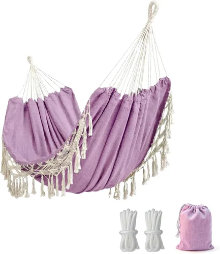 Vista 9 de Hamaca doble bohemia de macramé con elegantes borlas para patio, jardín, decoración de boda en la playa, exterior e interior, hasta 450 libras