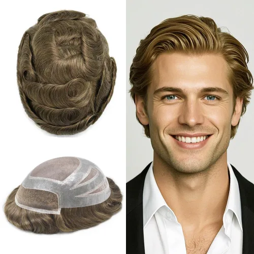 Vista 12 de Sistema de reemplazo de cabello humano para hombre, sistema de cabello fino mono para hombre, pelo de tupé recubierto de poliuretano para hombres