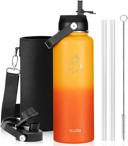 Vista 73 de BUZIO Botella de agua aislada de 24 oz, frasco de agua de boca ancha de acero inoxidable con tapa de pajita, frío durante 48 horas a prueba de Negro
