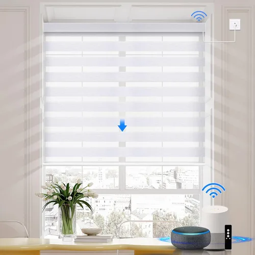 Vista 8 de Persianas motorizadas de cebra compatibles con HomeKit, Alexa, Google, persiana enrollable de doble capa con motor cableado Wi-Fi/Bluetooth, 110