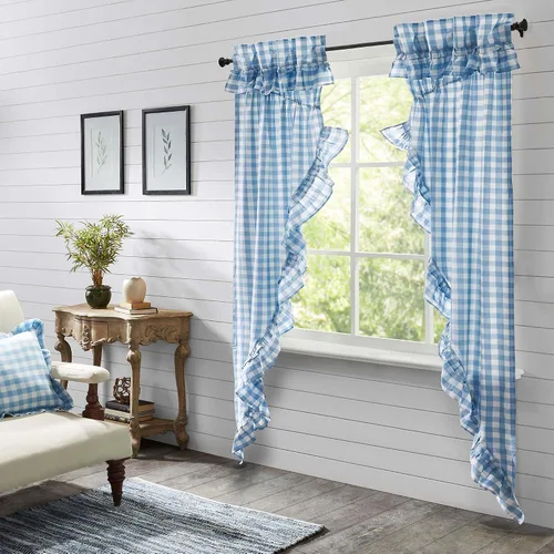 Vista 13 de VHC Brands Annie Buffalo - Cortinas de cocina de algodón a cuadros con bolsillo para barra, cordón de amarre con volantes, par de botes de pradera
