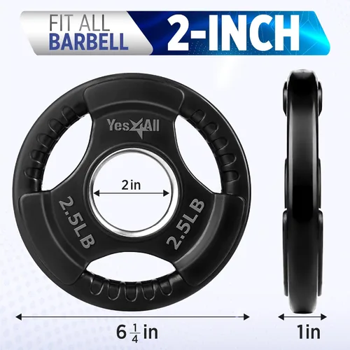 Vista 2 de Yes4All Rubber Coated Weight Plate, 5-70 Lb Cast Iron Weight for 2-Inch Barbell, 3-Handle Design for Easy Grip, Strength Training, Weightlifting &