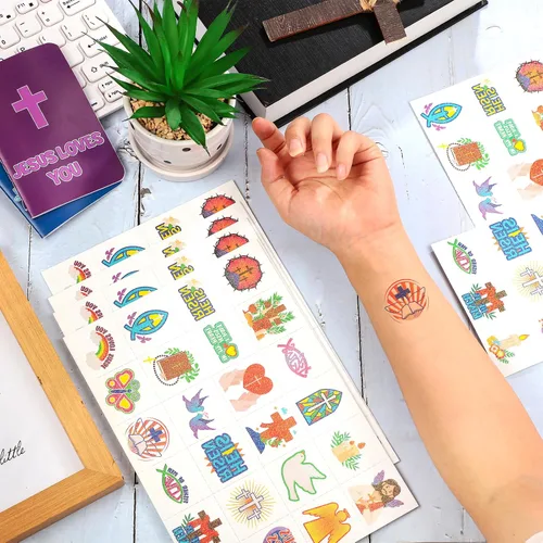 Vista 4 de Landhoow 240 tatuajes religiosos cristianos temporales para niños, tatuajes faciales con brillantina, calcomanías para el cuerpo, accesorio
