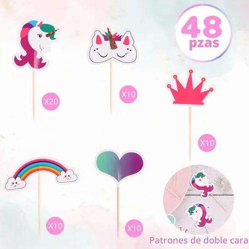 Vista 3 de CCINEE 48 piezas de decoración de unicornio arcoíris para cupcakes de papel de doble cara de unicornio para decoración de postres de fiesta