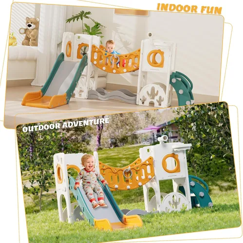 Vista 5 de Conjunto de juegos de parque infantil para niños pequeños con arco de escalada, juego de golf, tobogán y aro de baloncesto - Juguetes
