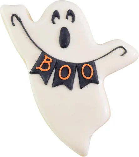Vista 4 de R&M Cortador de galletas de Halloween de 3 piezas. Incluye murciélago, calabaza, fantasma, negro, naranja, revestimiento de poliresina blanca