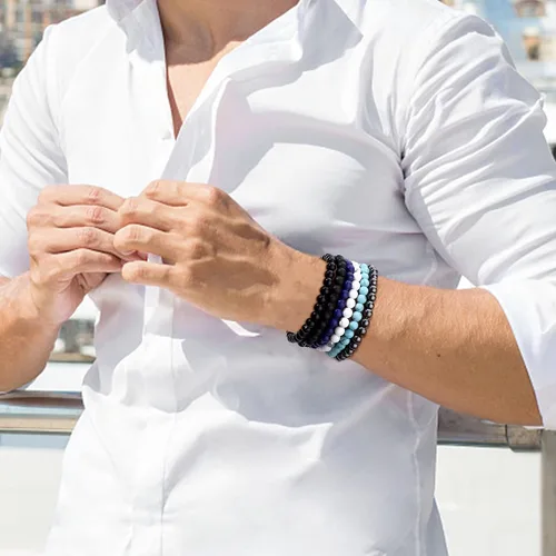 Vista 4 de FIBO STEEL 10 pulseras de cuentas de piedra natural de 6 a 0.315in para mujeres y hombres, pulseras de cuentas de cristal con piedras preciosas