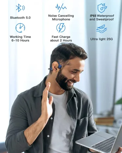 Vista 2 de Auriculares Bluetooth impermeables de conducción ósea Auriculares abiertos Auriculares azules con micrófono, auriculares Bluetooth con micrófono