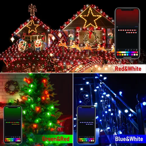 Vista 3 de Luces de Navidad Inteligentes C9 para Exteriores, 134 Pies 150 Luces LED C9 en Cadena Control por Aplicación, 105 Modos de Luz, Impermeables