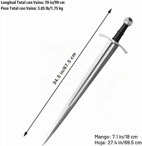 Vista 2 de Medieval Full Tang Spring Steel Knight Arming Sword with Scabbard for Outdoor Use, Practice, Collection