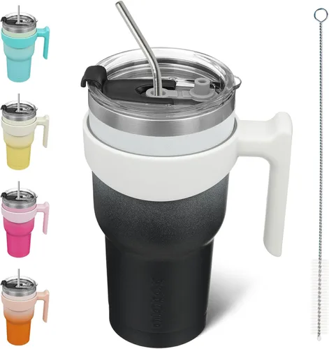 Vista 23 de BJPKPK Mini vaso de 10 onzas con tapa, popote y asa, taza de acero aislada