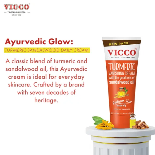 Vista 4 de Vicco Crema desaparecedora de cúrcuma con aceite de sándalo 70 años Legacy of Ayurveda, con cúrcuma para el cuidado diario de la piel, fórmula
