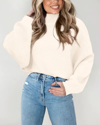 Vista 4 de KIRUNDO Suéter de punto de cuello alto corto para mujer, manga murciélago, suéter Y2K casual suelto