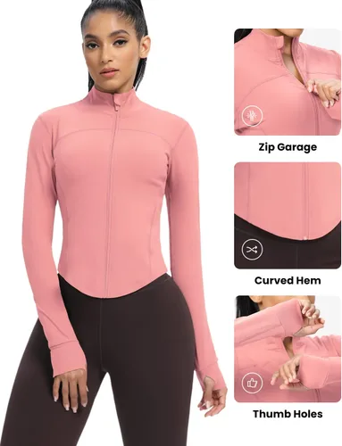 Vista 55 de AVGO Chaquetas de entrenamiento recortadas para mujer, con cremallera, ajustadas, atléticas, con agujeros para el pulgar