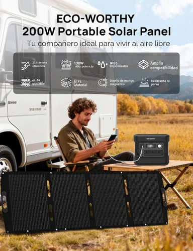 Vista 2 de ECO-WORTHY Panel solar portátil de 200 W para estaciones de energía, IP65 impermeable y ligero con soporte ajustable, panel solar plegable de alta