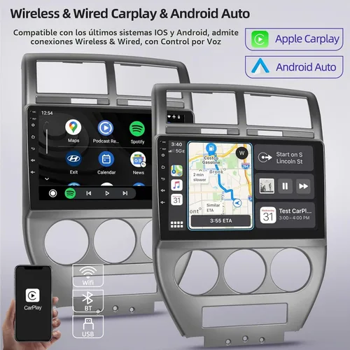 Vista 3 de [2+64G] Estéreo de coche Android para Jeep Compass Patriot 2007 2008 2009 con Apple Carplay y Android Auto 10.1 pulgadas pantalla táctil Radio