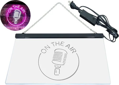Vista 10 de ADVPRO - cartel de neón para estudio de grabación, LED, con micrófono y rótulo «On the air» azul y Red