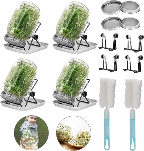 Vista 9 de Lulonpon Juego de 2 tarros para cultivar brotes, tarros de boca ancha de un cuarto de galón con tapas de germinación de pantalla de acero