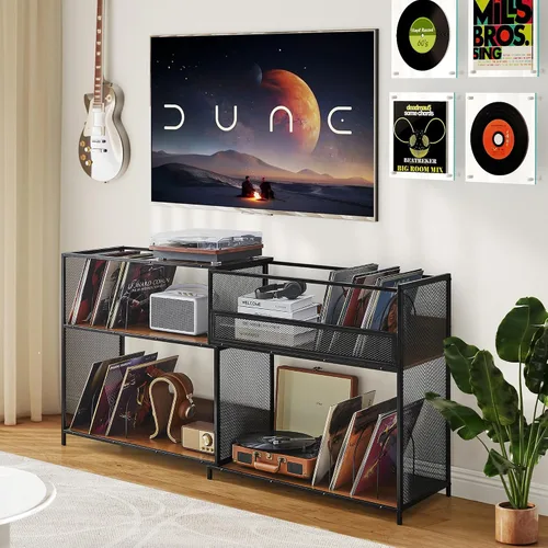 Vista 11 de Soporte para tocadiscos de 45.3 pulgadas con almacenamiento de vinilo, mesa giratoria de madera con capacidad para hasta 350 álbumes, moderno