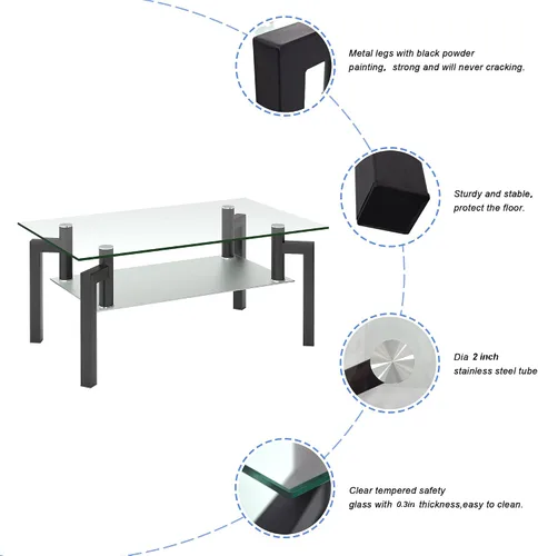 Vista 5 de Mesa de centro rectangular de cristal contemporánea con estante de almacenamiento, 4 patas modernas de metal negro para sala de estar y oficina
