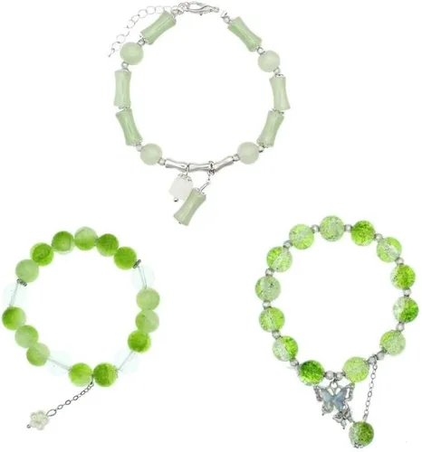 Vista 6 de Nyx&lvy Juego de pulseras de cuentas de cristal verde jade con dije, colección de 3 piezas, cadena dorada