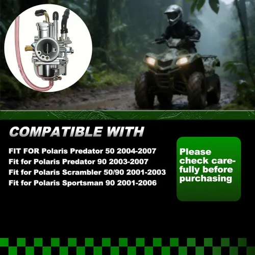 Vista 5 de Carburador Predator 50 con caja de filtro de aire apto para Polaris Predator 50/90, Scrambler 50/90, Sportsman 90 Choke manual 90cc 100cc choke