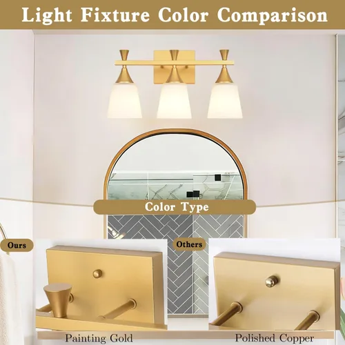Vista 6 de Lámpara moderna de tocador de baño de 3 luces, lámparas de pared de vidrio de leche sobre el espejo, iluminación de tocador de oro cepillado
