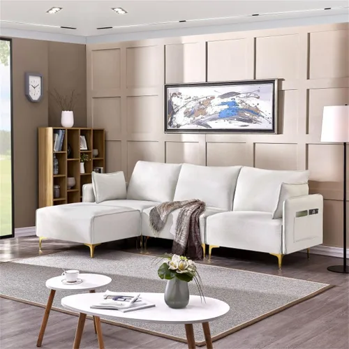 Vista 2 de Sofá modular en forma de L con sofá cama doble de tela beige USB con carga, sofá de sala de estar de 2 y 3 plazas