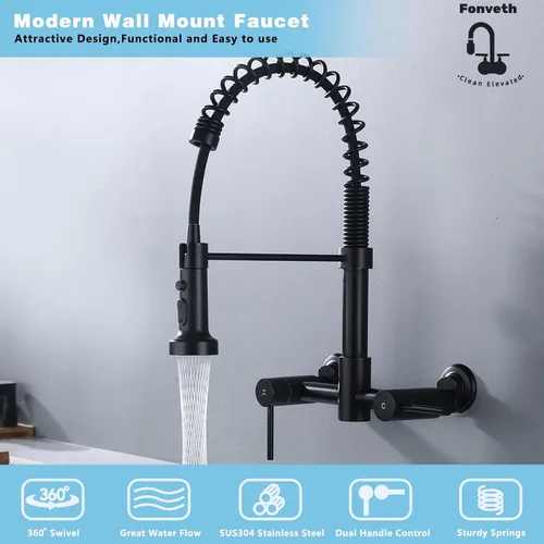 Vista 2 de Grifo de cocina de montaje en pared, grifo de fregadero de cocina de montaje en pared de centro de 8 pulgadas con rociador desplegable, comercial