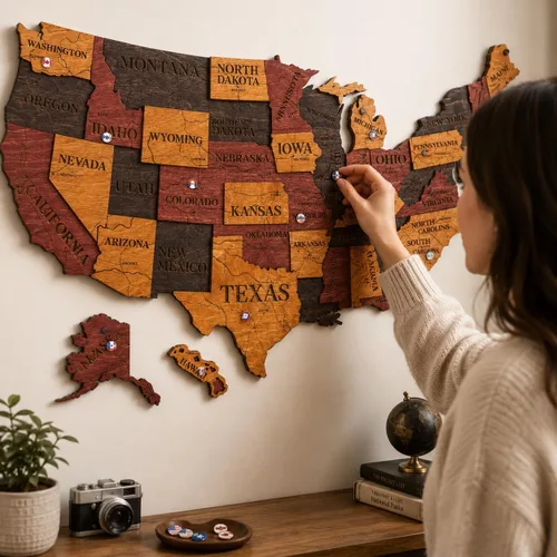 Vista 2 de Mapa de madera de EE. UU. lugares visitados - Mapa de madera de Estados Unidos con pines - Arte de pared decorativo 3D de rastreador de viajes