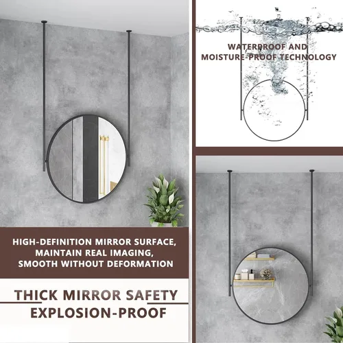 Vista 6 de Espejo redondo montado en el techo para baño, espejo de pared, espejo de barra colgante de techo, espejo de marco de metal negro, espejo decorativo