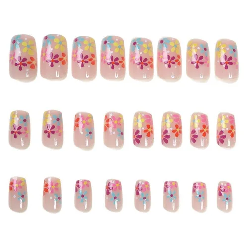 Vista 2 de Uñas postizas a presión con flores, uña corta cuadrada con diseños florales coloridos, uñas postizas de cobertura completa, uñas postizas brillantes