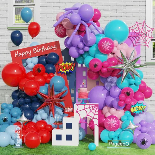 Vista 8 de Kit de arco de globos rojos y azules para fiesta de cumpleaños de superhéroes de araña