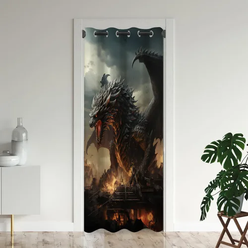 Vista 7 de Cortinas de puerta de dragón para puertas, mágica cortina opaca medieval de animales de fantasía para armario de dormitorio de niños, con ojales