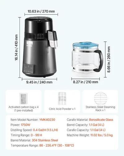 Vista 7 de VEVOR Destilador de Agua de 1750W, Fabricante de Agua Destilada de 0.4 Gal/H con Garrafa de Vidrio, Máquina Destiladora de Encimera de 4L/1.1 Gal
