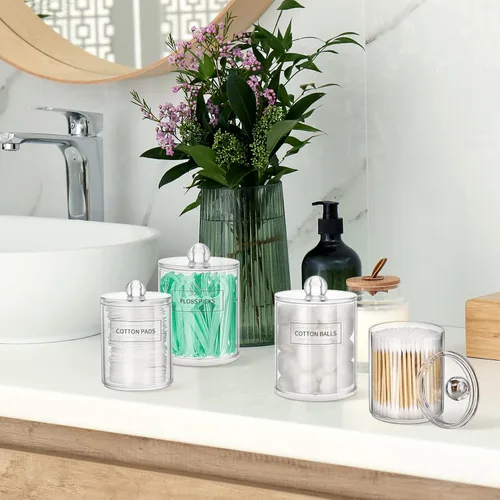 Vista 6 de ME.FAN Qtip - Dispensador de 4 tarros de plástico transparente de 10 onzas y 12 onzas para boticario – Organizador de maquillaje para baño o baño