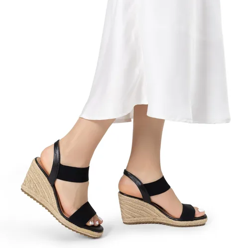 Vista 6 de DREAM PAIRS Alpargatas de punta abierta para mujer, sandalias de plataforma elegantes sin cordones con correa elástica en el tobillo