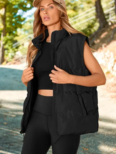 Vista 2 de AUTOMET Chaleco acolchado para mujer, sin mangas, con cremallera, cálido, acolchado, ligero, con bolsillo, chaquetas de otoño e invierno 2024