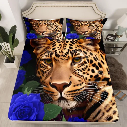 Vista 47 de Erosebridal Juego de sábanas bajeras de rosas rojas y leopardo, tamaño individual, diseño de animales africanos salvajes, diseño de plantas