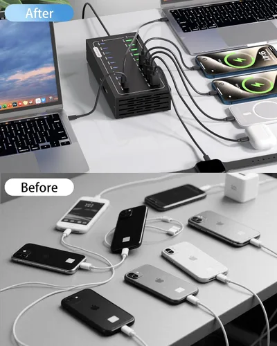 Vista 5 de Estación de carga USB de 580W, estación de carga rápida de 20 puertos para múltiples dispositivos, bloque de cargador USB C PD dual de 45W, entrega